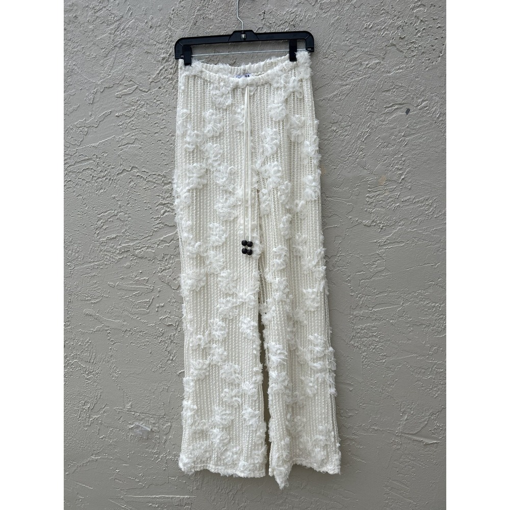 Fashion Nova Applique Open Knit Wide Leg Pants Cream Off-White Large